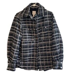 H&M Jacquard Weave Shacket Jacket Womens XS Black White Plaid Turn Down Collar